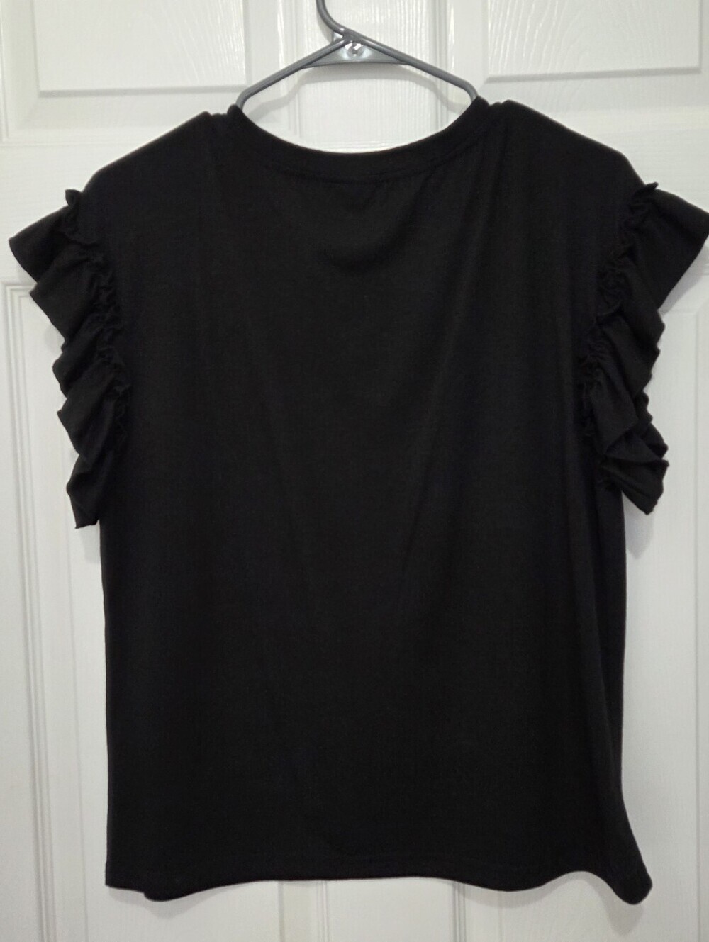 Women Solid Black Ruffle Short Sleeve Crewneck Relax Fit Top Size Medium Casual - Picture 7 of 8